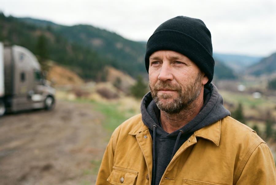 A long-haul truck driver at a mountain pull-off with his truck behind him